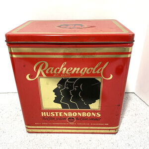 Vintage Rachengold Hustenbonbons tin red & gold hinged lid Aeska Bonbons kitchen